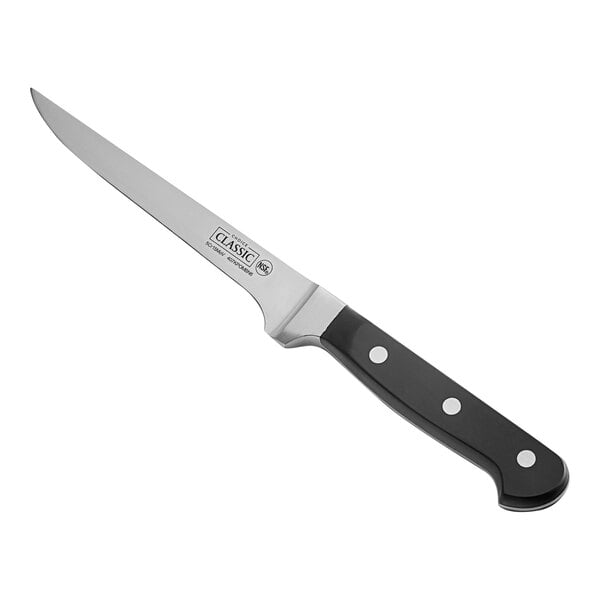 A Choice Classic narrow stiff boning knife with a black handle.