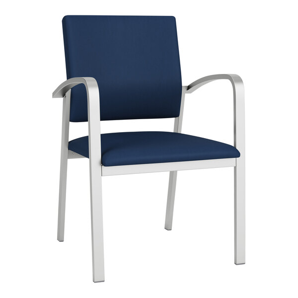 A blue Lesro Newport guest chair with silver legs.