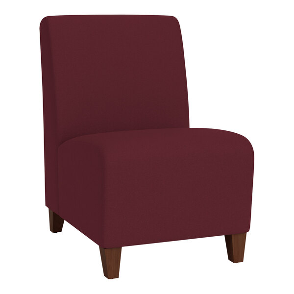 A burgundy Lesro Ravenna guest chair with walnut wood legs.