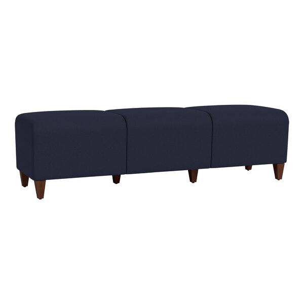 A navy blue Lesro Ravenna bench with wooden legs.