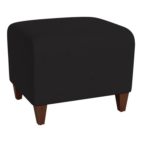 A Lesro Ravenna black fabric bench with walnut wood legs.