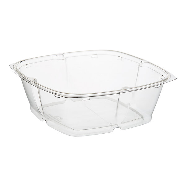 A case of 50 clear Sabert PET square bowls with pop-top lids.