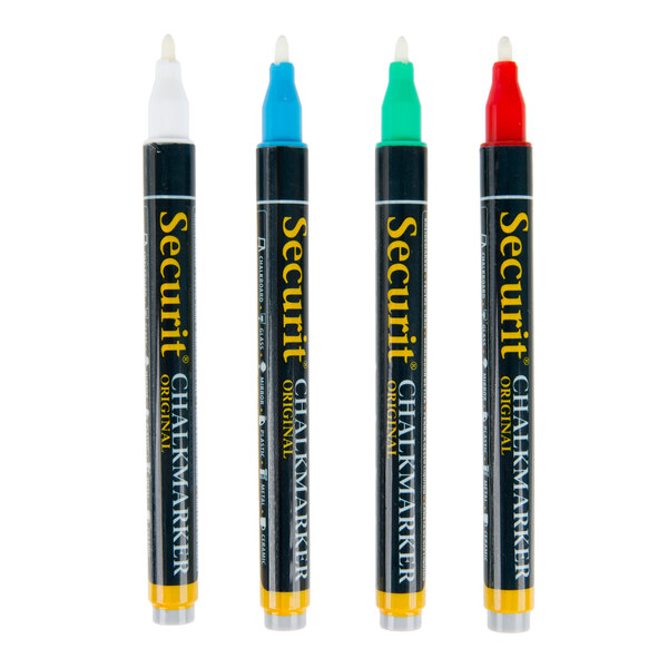 An American Metalcraft Securit All-Purpose Mini Tip Chalk Marker assortment with three markers in different colors.