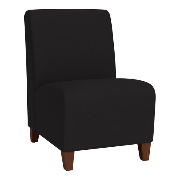 A Lesro Ravenna black fabric guest chair with walnut wood legs.