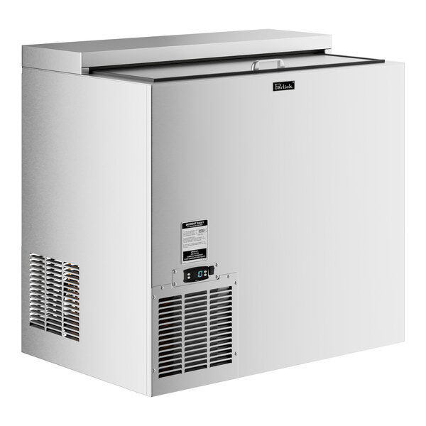 A Perlick stainless steel glass froster with a door.