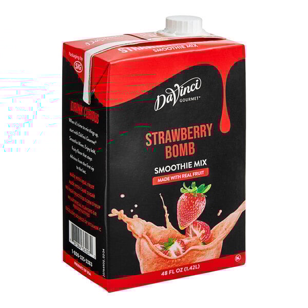 A black and red DaVinci Gourmet box with red and black labels for strawberry smoothie mix.