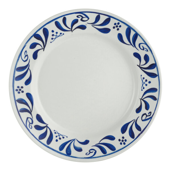 A white Delfin Viva melamine plate with a blue and white design.