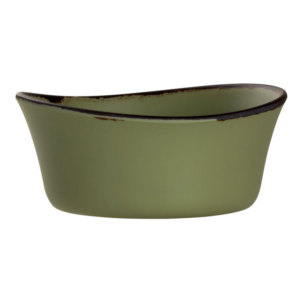 A sage green melamine bowl with a black rim.