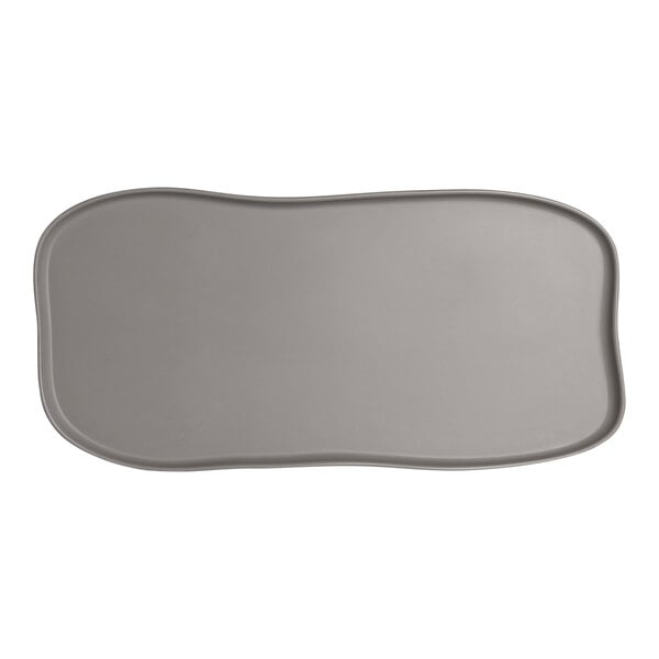 A gray rectangular tray with a curved edge.