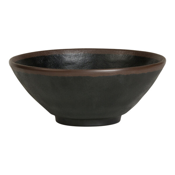 A black melamine bowl with a brown rim.