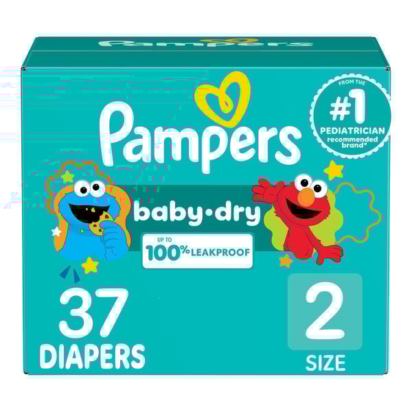 A box of Pampers Baby-Dry size 2 baby diapers with a blue circle on the front with a white number 37.