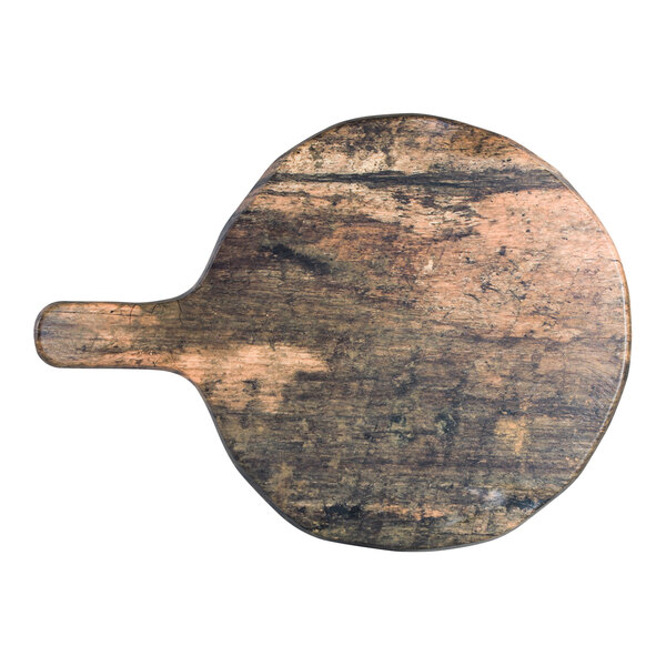 A Delfin Barnwood melamine serving board with a wooden faux wood finish and handle.