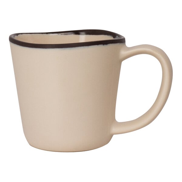 A white melamine mug with a brown rim and black handle.