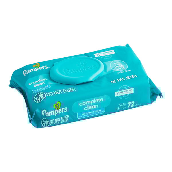 A blue package of Pampers Baby-Clean baby wipes.