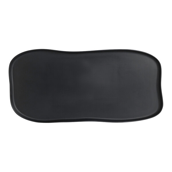 A black rectangular Delfin Marisol buffet tray with a curved edge.