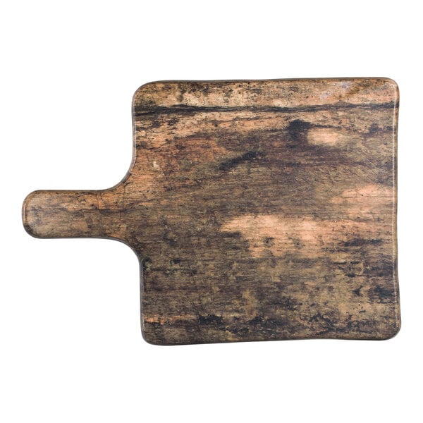 A Delfin Barnwood melamine serving board with a faux wood pattern and handle.