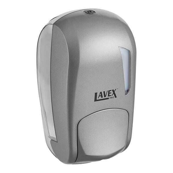 A grey Lavex Pro soap dispenser with a clear window.