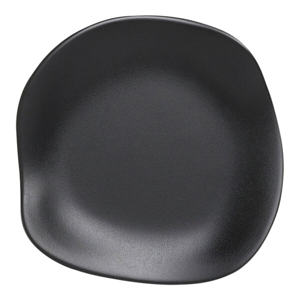 A close up of a Delfin Marisol black melamine plate with a curved edge.