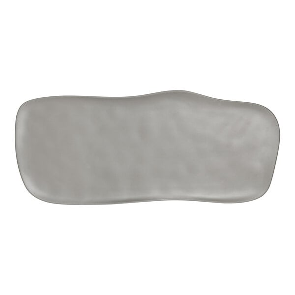 A grey rectangular Delfin Marisol melamine platter with a curved edge.