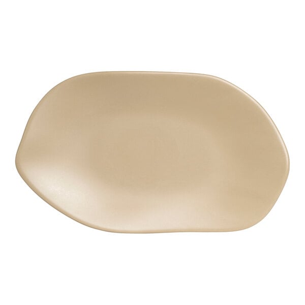 A beige oval melamine tray with a starfish design on the bottom.