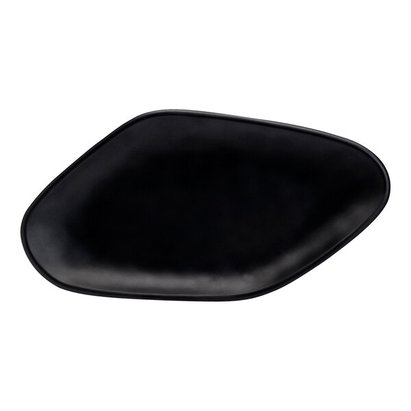 A black oval melamine platter with a black rim.