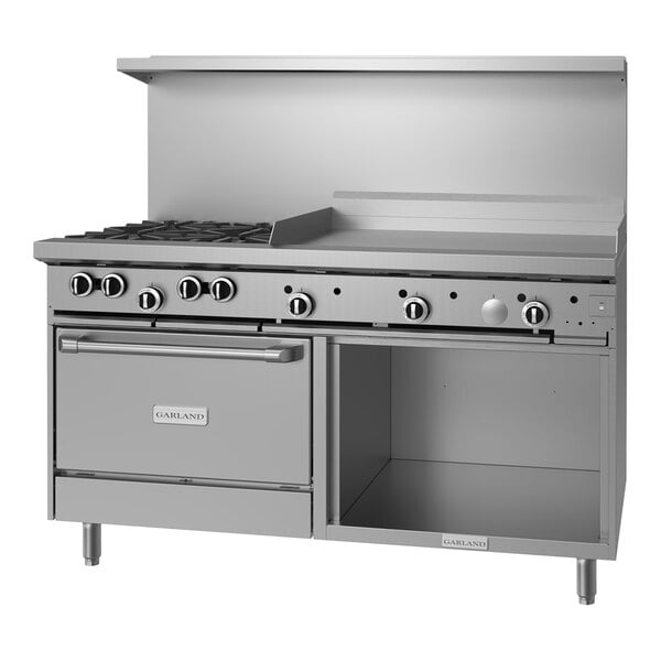 A large stainless steel Garland range with 4 burners, a griddle, and a convection oven.