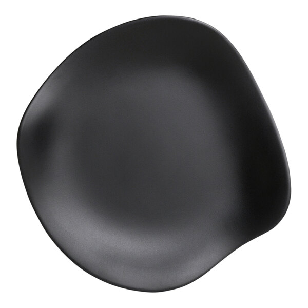 A black Delfin Marisol melamine plate with a curved edge.