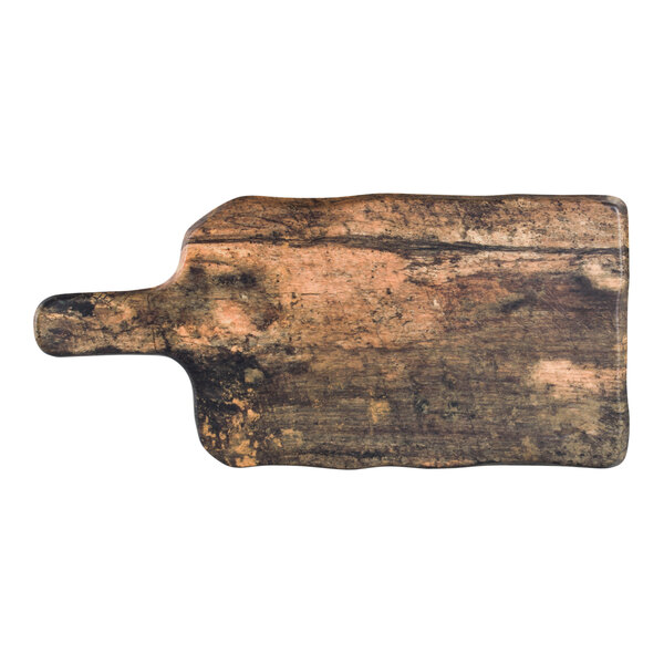 A Delfin melamine serving board with faux wood finish and handle.
