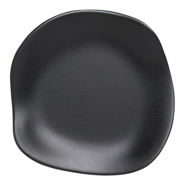 A Delfin Marisol black melamine plate with a curved edge.