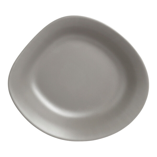 A Delfin Marisol driftwood gray melamine bowl with a rounded edge on a white background.