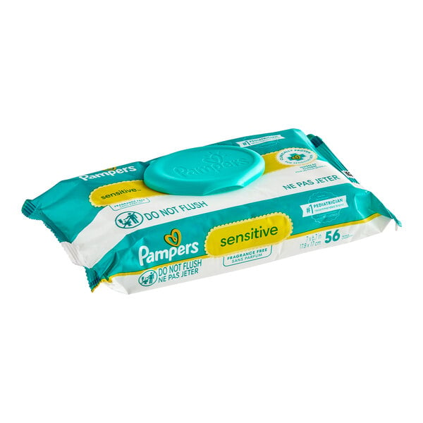 A case of 8 Pampers Sensitive baby wipe packages.