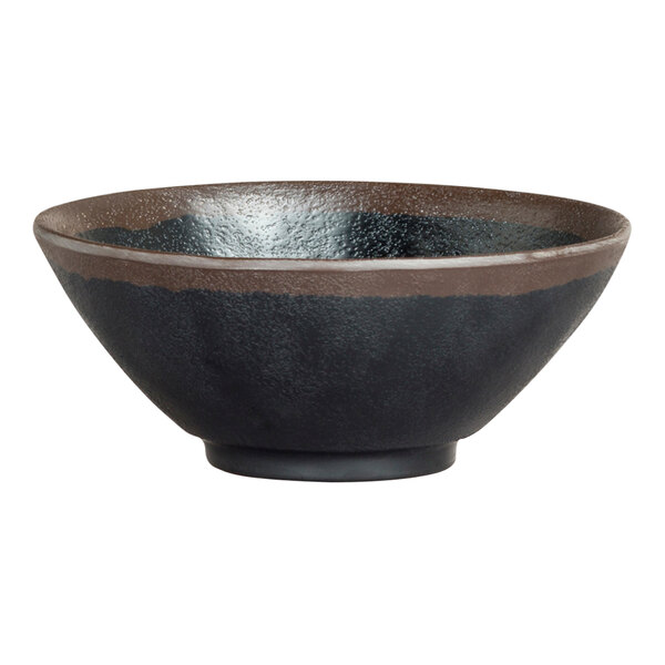 A close-up of a black Delfin Greystone melamine bowl with a brown rim.