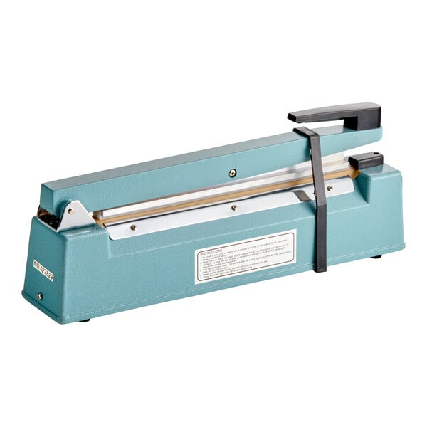 A teal Galaxy 12-inch impulse heat bag sealer with a timer for sealing plastic bags.