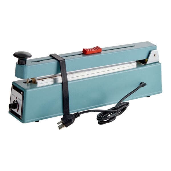 A blue 12-inch impulse heat bag sealer with a cutter, timer, and attached power cord.