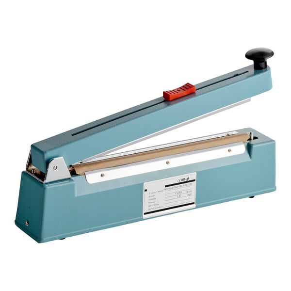 A blue Galaxy 12-inch impulse bag sealer with a cutter and timer.