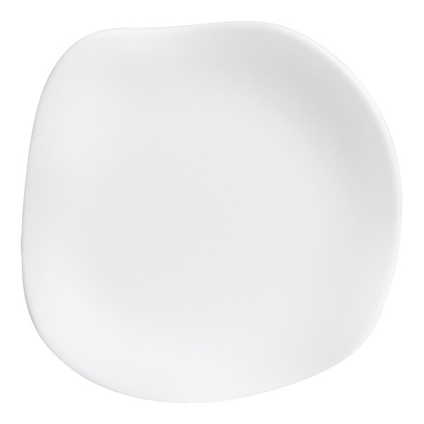 A Delfin Marisol white melamine plate with a curved edge.