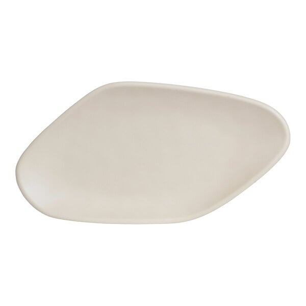 A white oval shaped Delfin Marisol melamine platter with a curved edge.