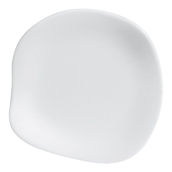 A close-up of a white Delfin Marisol melamine plate with a small circular design.
