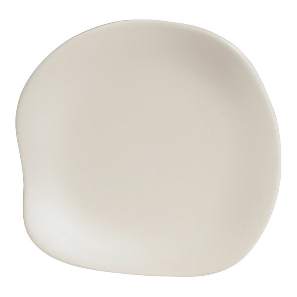 A white Delfin Marisol melamine plate with a small circular design.