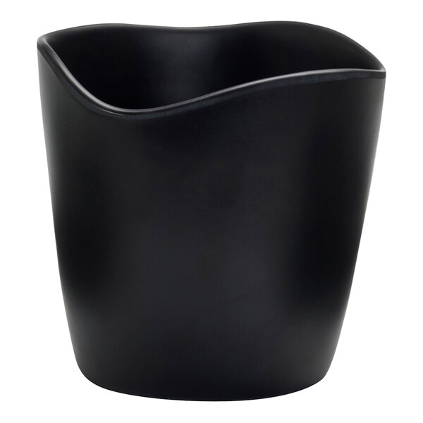 A black melamine dressing crock with curved edges.