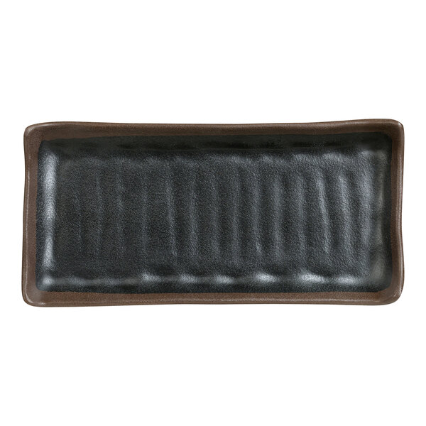 A black rectangular Delfin Greystone melamine tray with brown edges.