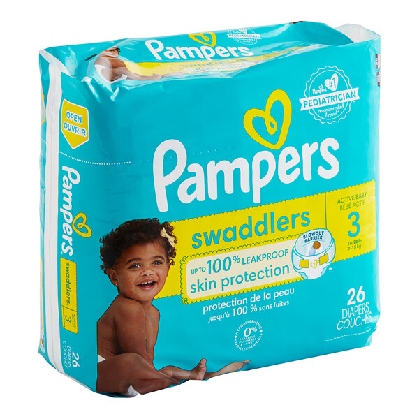 A package of Pampers Swaddlers Size 3 baby diapers.