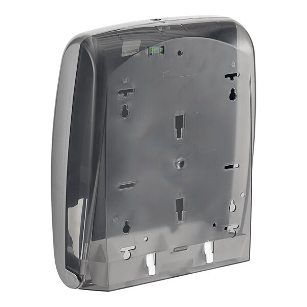 A clear plastic box with a grey plastic cover.