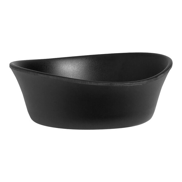 A Delfin Marisol black melamine bowl with a curved edge.