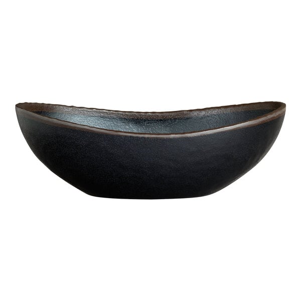 A close-up of a black Delfin Greystone melamine bowl with a brown rim.