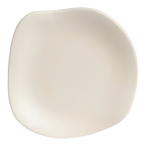 A white Delfin Marisol melamine plate with a curved edge.