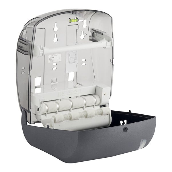 A white plastic Lavex Pro automatic paper towel dispenser with a clear cover.