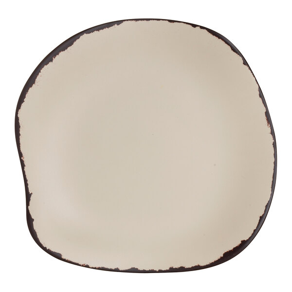 A white Delfin Marisol melamine plate with brown edges.