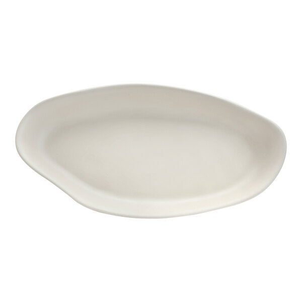 A white oval plate with a curved edge on a white background.