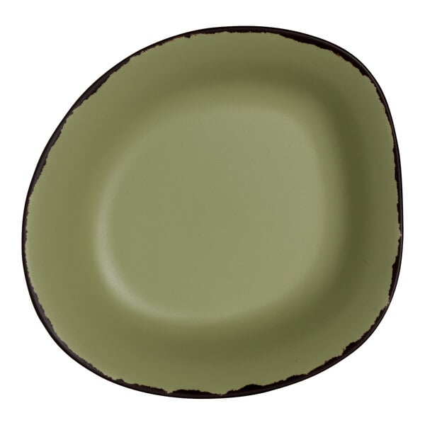 A sage melamine bowl with brown edges on a white background.